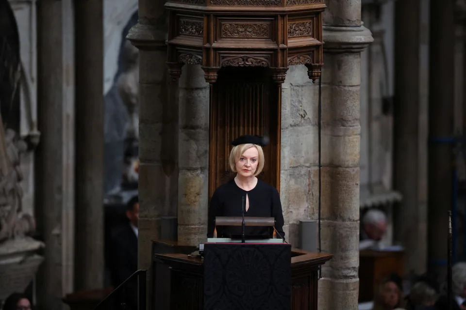 British Prime Minister Liz Truss speaks, on the day of the state funeral and burial of Britain's Queen Elizabeth, at Westminster Abbey in London, Britain, September 19, 2022.   REUTERS/Phil Noble/Pool