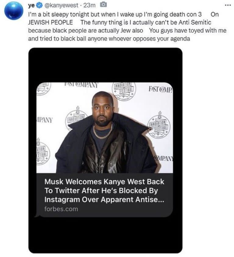 Este fue el tuit de Kanye West que Twitter bloqueó por violar el reglamento de la plataforma
