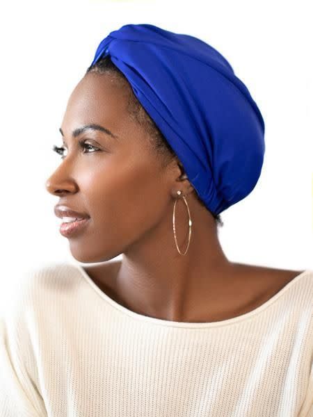 9) Loza Tam Royal Blue Satin-Lined Head Wrap Turban