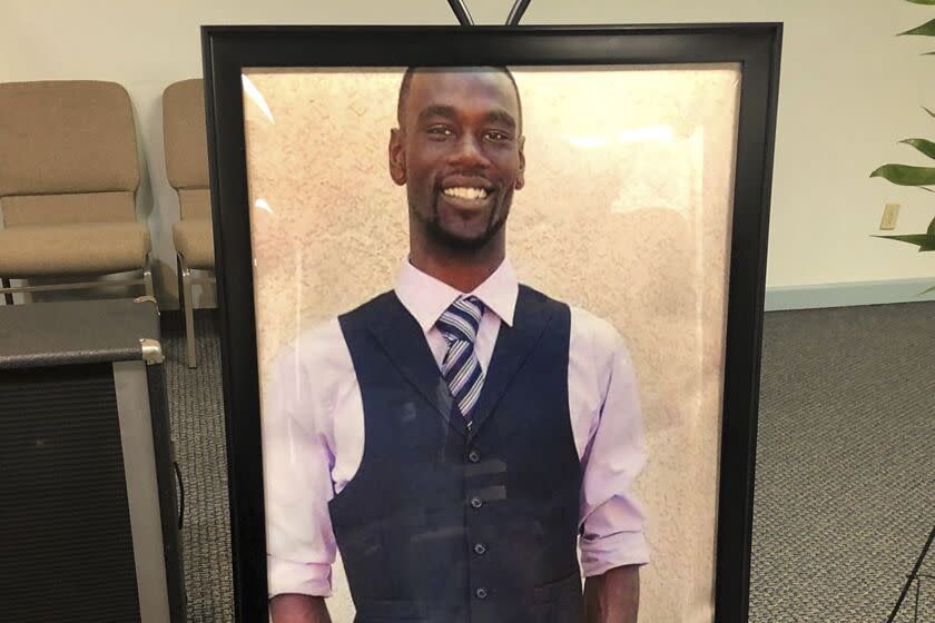 A portrait of Tyre Nichols is displayed at a memorial service for him on Tuesday in Memphis, Tenn.