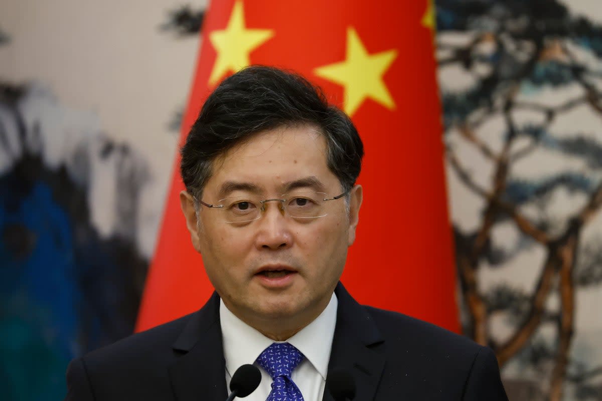Chinese foreign minister Qin Gang gives a speech as he attends a news conference after talks with his Dutch counterpart Wopke Hoekstra in May this year in Beijing (Getty Images)