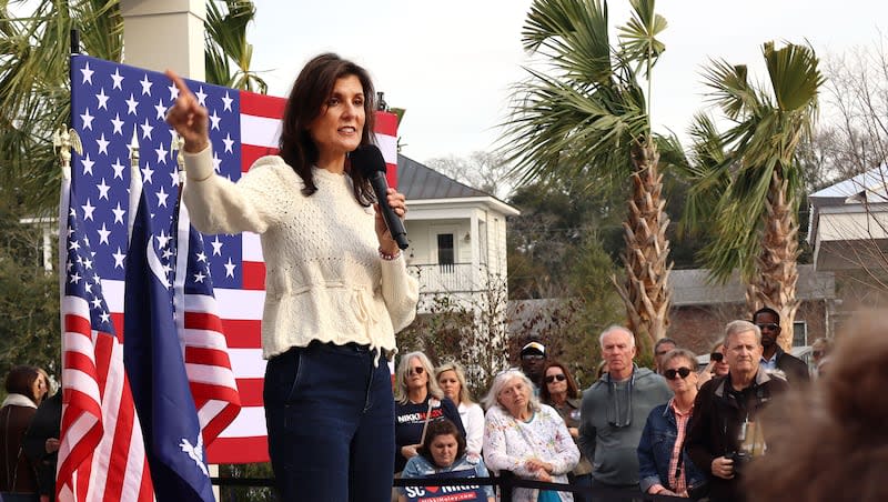 Nikki Haley, a Republican presidential candidate, appears at a rally at the George Hotel in Georgetown, S.C., on Thursday, Feb. 22, 2024.