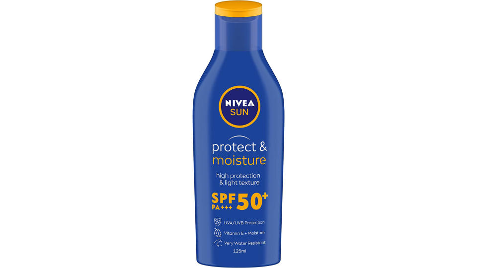 A bottle of Nivea Sun Immediate Collagen Protect SPF 50 Lotion.