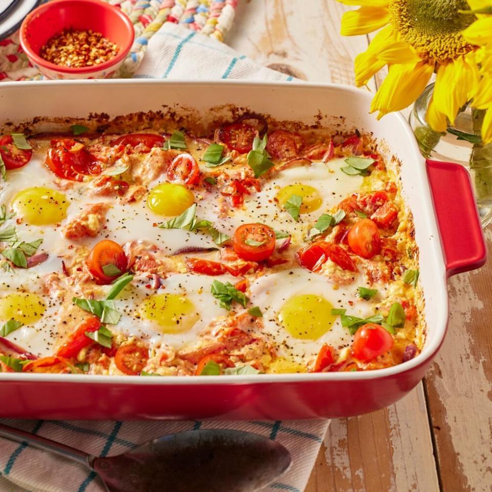 easter brunch ideas baked feta egg casserole in red dish