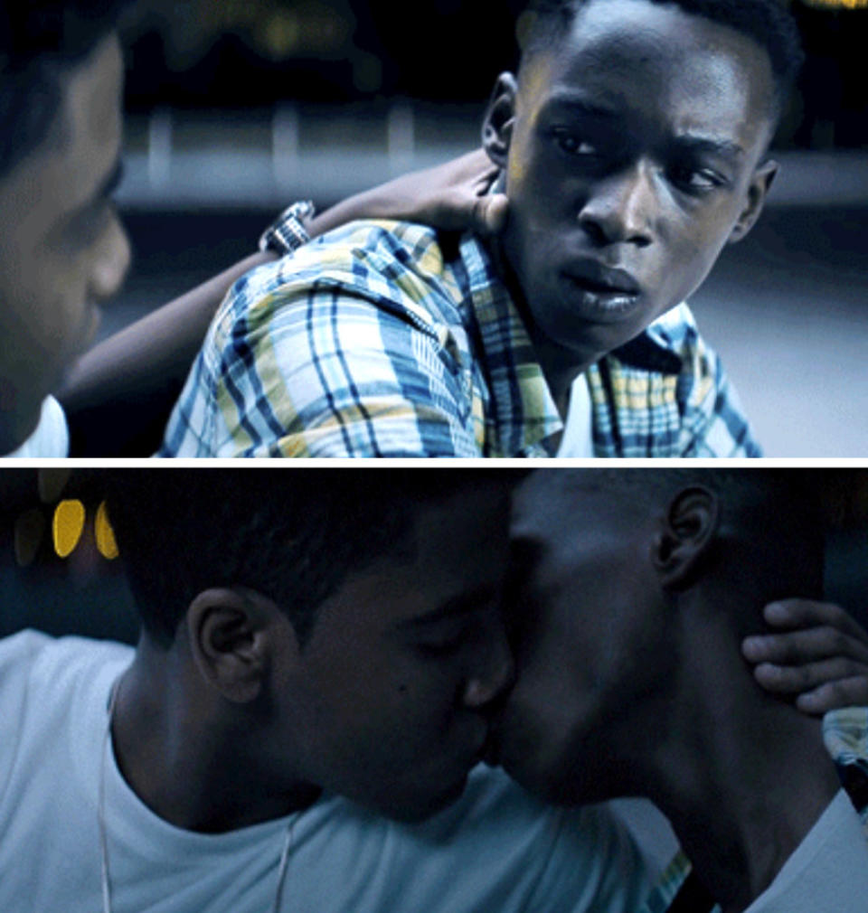 Teen Chiron and teen Kevin kissing in "Moonlight"