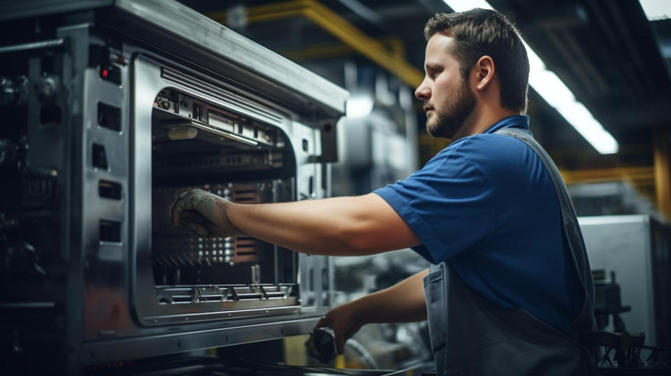 A technician inspecting a commercial kitchen appliance in a factory line.