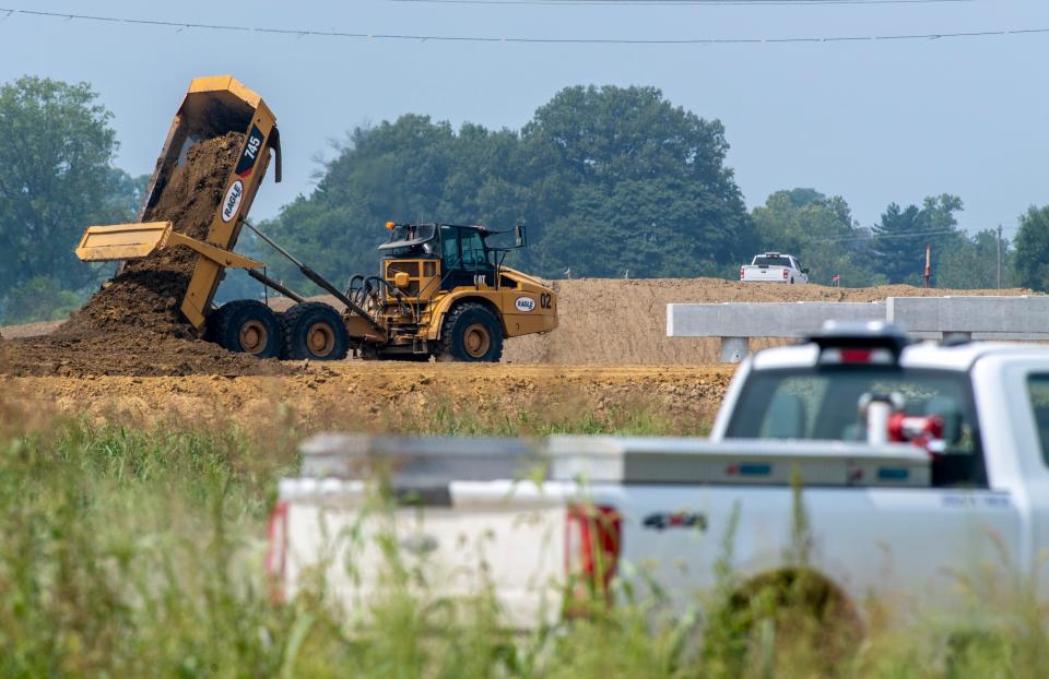 Construction work continues on the first section of the I-69 Ohio River Crossing in Henderson, Ky., Tuesday, Aug. 22, 2023.