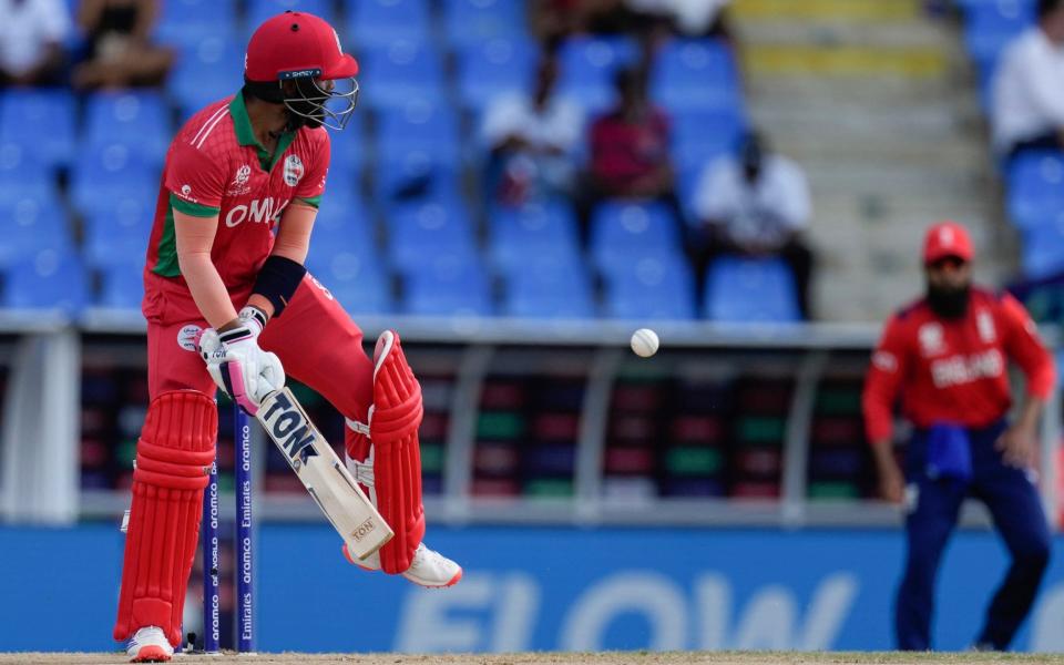 Kashyap Prajapati tries to ramp Reece Topley.