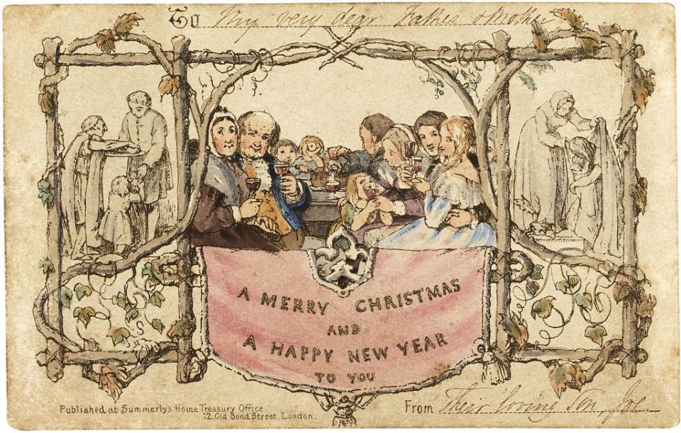 <p>The year was 1843, and <a href="https://www.smithsonianmag.com/history/history-christmas-card-180957487/" rel="nofollow noopener" target="_blank" data-ylk="slk:Sir Henry Cole;elm:context_link;itc:0;sec:content-canvas" class="link ">Sir Henry Cole</a>, a popular Londoner, was receiving more holiday notes than he could respond to individually due to the advent of the penny stamp, which made letters inexpensive to send. So, Cole asked artist J.C. Horsley to create a festive design he could have printed and mail en masse and—voila!—the first <a href="https://www.countryliving.com/diy-crafts/how-to/g3872/christmas-card-ideas/" rel="nofollow noopener" target="_blank" data-ylk="slk:Christmas card;elm:context_link;itc:0;sec:content-canvas" class="link ">Christmas card</a> was created. German immigrant and <a href="https://www.greetingcard.org/industry-resources/history/" rel="nofollow noopener" target="_blank" data-ylk="slk:lithographer Louis Prang;elm:context_link;itc:0;sec:content-canvas" class="link ">lithographer Louis Prang</a> is credited with beginning the commercial Christmas card business in America in 1856, while one of the earliest folded cards paired with an envelope was <a href="https://corporate.hallmark.com/about/hallmark-cards-company/history/founding-1910s/" rel="nofollow noopener" target="_blank" data-ylk="slk:sold in 1915;elm:context_link;itc:0;sec:content-canvas" class="link ">sold in 1915</a> by the Hall Brothers (now Hallmark). Today, around <a href="https://www.chicagotribune.com/business/ct-biz-holiday-greeting-cards-1223-story.html" rel="nofollow noopener" target="_blank" data-ylk="slk:1.6 billion holiday cards;elm:context_link;itc:0;sec:content-canvas" class="link ">1.6 billion holiday cards</a> are sold in the U.S. each year, according to the Greeting Card Association. </p>