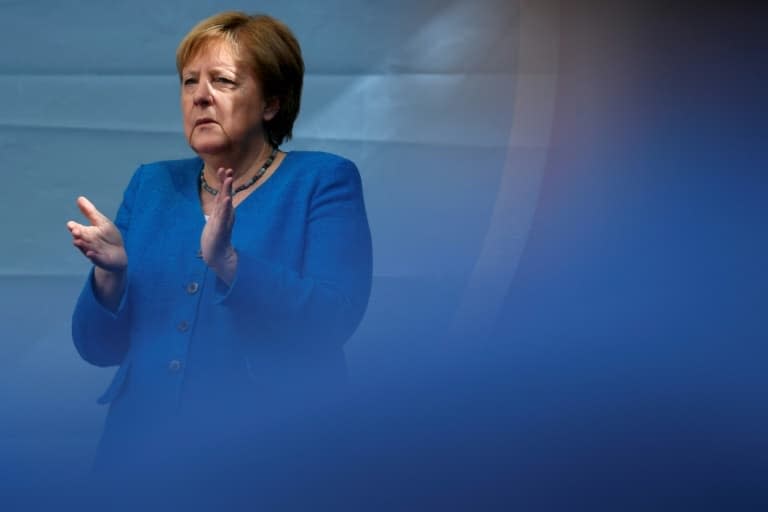 La chancelière allemande Angela Merkel lors d'un meeting de soutien au candidat conservateur Armin Laschet à Aix-la-Chapelle, le 25 septembre 2021, à la veille des élections législatives - Ina Fassbender © 2019 AFP