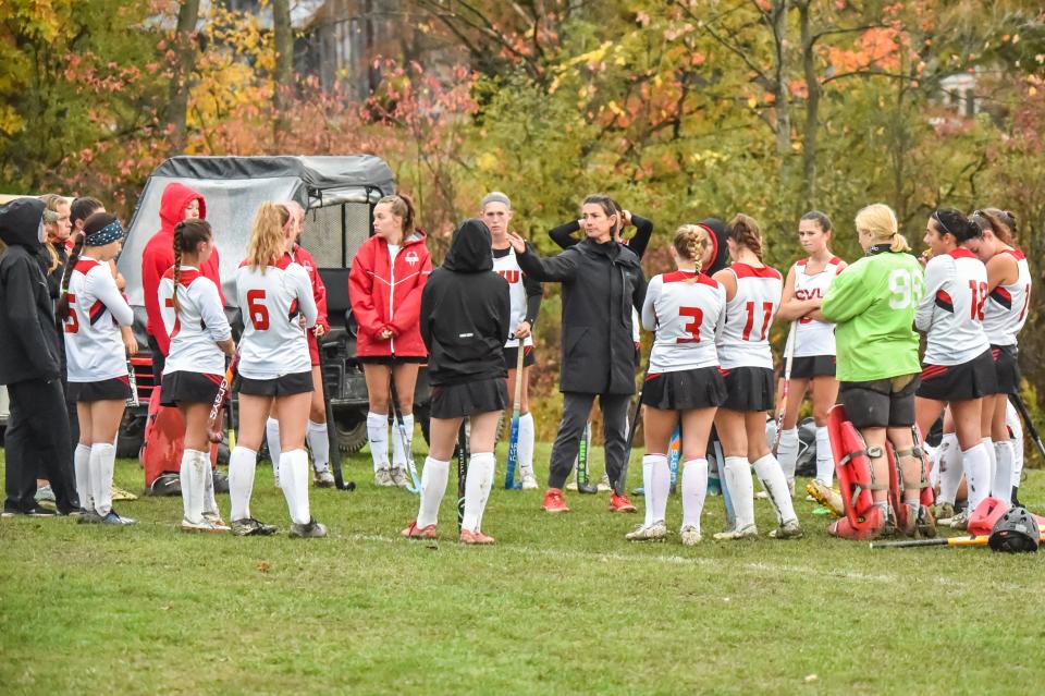 Tucker Pierson gives her CVU field hockey team directions at halftime of a scoreless game against Essex during the 2022 season.