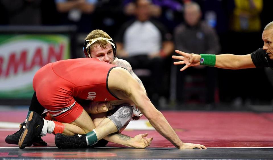 Iowa’s Brody Teske controls Ohio State’s Nic Bouzakis in a 133 lb first round match of the Big Ten Wresting Championships at the Xfinity Center at the University of Maryland on Saturday, March 9, 2024. Abby Drey/adrey@centredaily.com