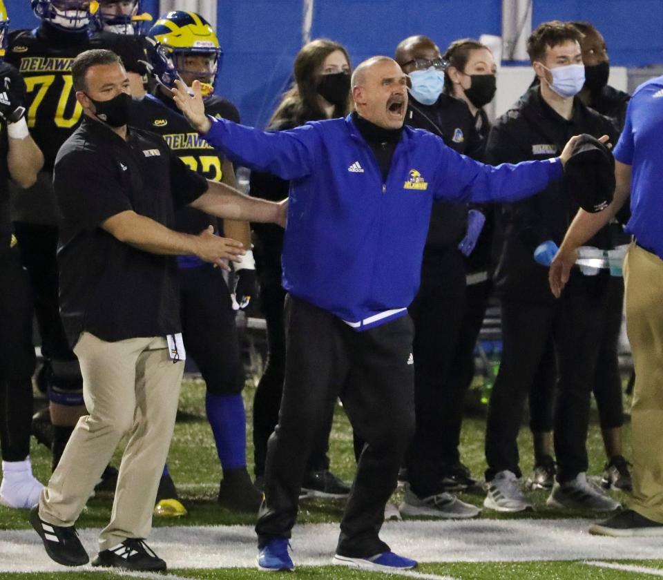 Delaware head coach Danny Rocco explodes in questioning the officials, who whistled a play dead as Delaware was trying to run out the clock in the fourth quarter in the Blue Hens' 19-10 win against Sacred Heart in the opening round of the NCAA FCS tournament, Saturday April 24, 2021 at Delaware Stadium.