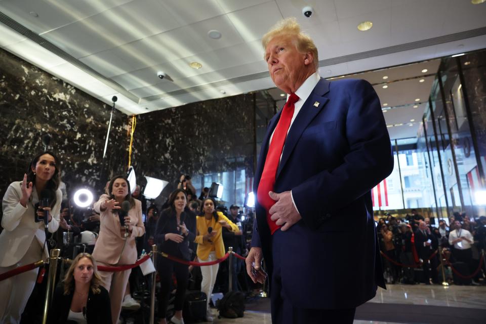 Former U.S. President Donald Trump leaves after addressing members of the media following the verdict in his hush-money trial at Trump Tower on May 31, 2024 in New York City. A New York jury found Trump guilty Thursday of all 34 charges of covering up a $130,000 hush money payment to adult film star Stormy Daniels to keep her story of their alleged affair from being published during the 2016 presidential election. Trump is the first former U.S. president to be convicted of crimes.