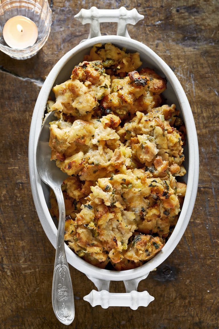<p>Swap the called-for chicken stock for a rich mushroom stock. It'll give this savory stuffing plenty of depth and keep it meat-free.</p><p><strong><a href="https://www.countryliving.com/food-drinks/a29131607/fresh-herb-stuffing/" rel="nofollow noopener" target="_blank" data-ylk="slk:Get the recipe;elm:context_link;itc:0;sec:content-canvas" class="link ">Get the recipe</a>.</strong></p><p><strong><a class="link " href="https://www.amazon.com/Better-than-Bouillon-Mushroom-Base/dp/B00016LA98/?tag=syn-yahoo-20&ascsubtag=%5Bartid%7C10050.g.34470406%5Bsrc%7Cyahoo-us" rel="nofollow noopener" target="_blank" data-ylk="slk:SHOP MUSHROOM STOCK;elm:context_link;itc:0;sec:content-canvas">SHOP MUSHROOM STOCK</a><br></strong></p>