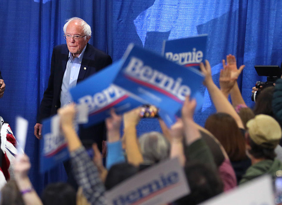 BURLINGTON, VT - MARCH 3: Vermont Senator Bernie Sanders arrives at a Super Tuesday Rally inside the Champlain Valley Exposition Center in Burlington, VT on March 3, 2020. Sanders won his home state in its democratic presidential primary. (Photo by John Tlumacki/The Boston Globe via Getty Images)