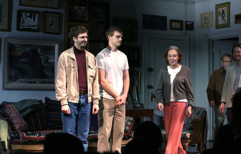 Michael Cera, Lucas Hedges, Elaine May, Joan Allen, and David Cromer on stage in The Waverly Gallery on Broadway.