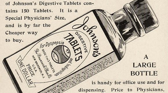 Old-style advertisement with black-and-white picture of Johnson's digestive tablets.