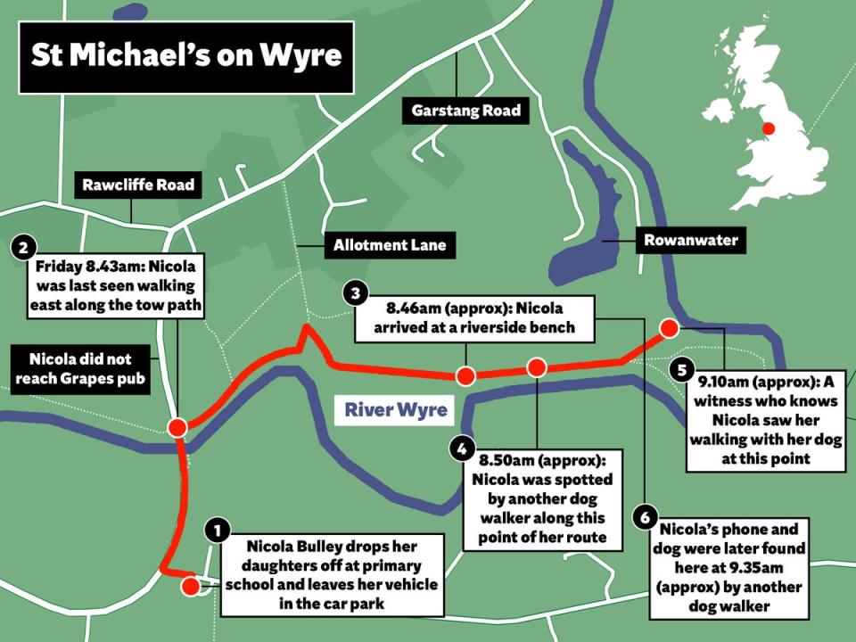 A map shows the area where police are search for the missing dog walker (The Independent/ Datawrapper)