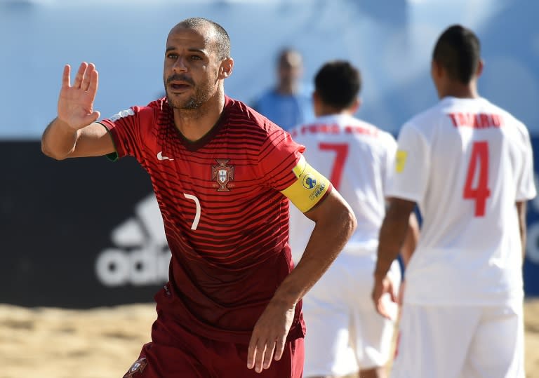 Portugal's Madjer celebrates after scoring a goal during a FIFA Beach Soccer World Cup match in Espinho, in 2015