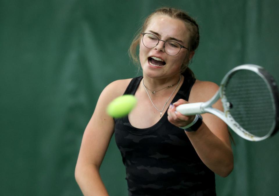 Sprague’s Tirzah Trabox hits the ball during the Central Valley Conference district tennis singles final at Salem Tennis and Swim Club on May 9.