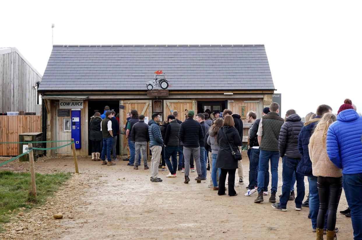 Customers queue to get into Jeremy Clarkson's Diddly Squat Farm Shop near Chadlington in Oxfordshire. 