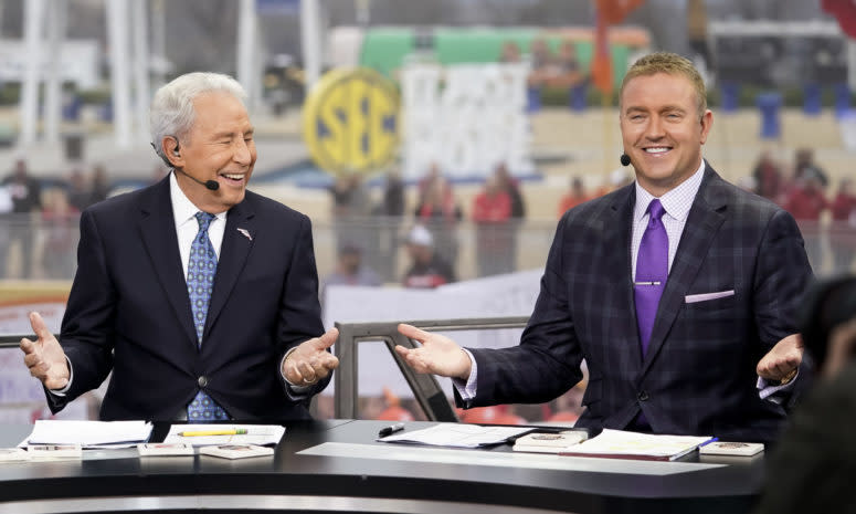 Lee Corso sits alongside Kirk Herbstreit ahead of Georgia vs. LSU football for the SEC Championship.