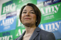 Democratic presidential candidate Sen. Amy Klobuchar, D-Minn., pauses during a visit to a campaign office, Saturday, Feb. 22, 2020, in Las Vegas. (AP Photo/John Locher)