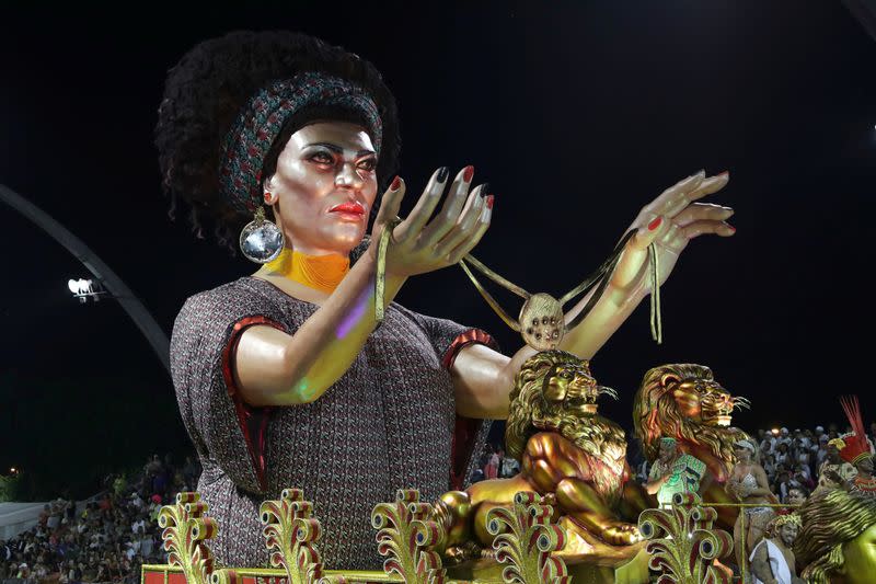 A float depicting late human rights activist and councilwoman Marielle Franco during the first night of the Carnival parade at the Sambadrome in Sao Paulo