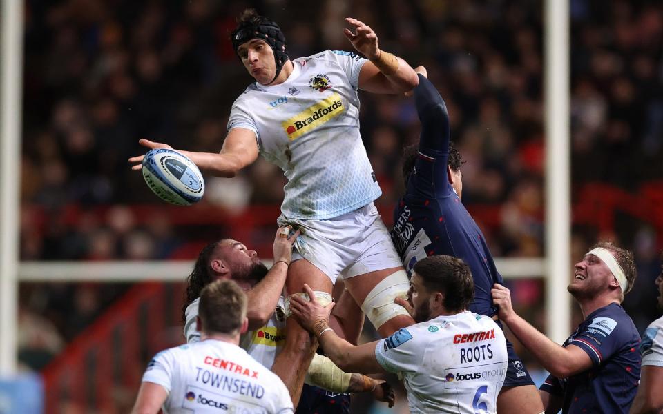 Dafydd Jenkins of Exeter Chiefs rises highest at a lineout during the Gallagher Premiership Rugby match between Bristol Bears and Exeter Chiefs at Ashton Gate on December 29, 2023 in Bristol, England