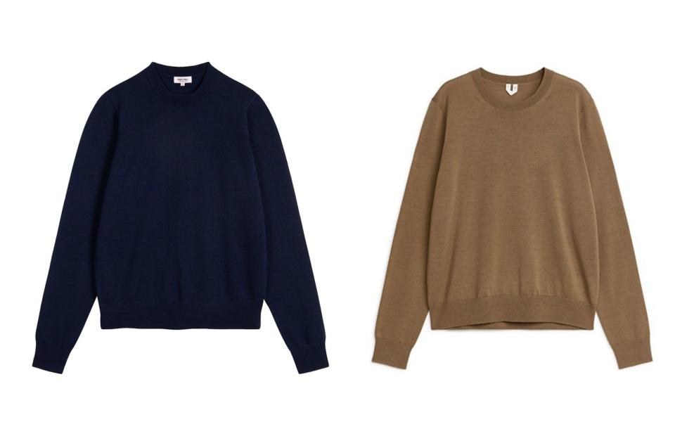 Navy merino crew neck, £95, Rise & Fall; dark beige merino knit, £57, Arket