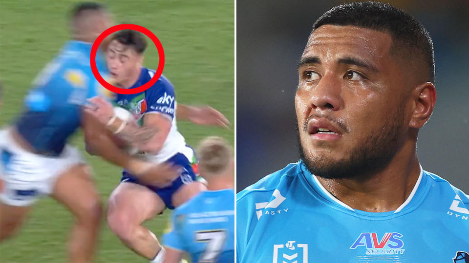 Titans prop Mo Fotuaika was controversially sent off after a high shot against the Warriors in the NRL on Friday night. Pic: Fox Sports/Getty