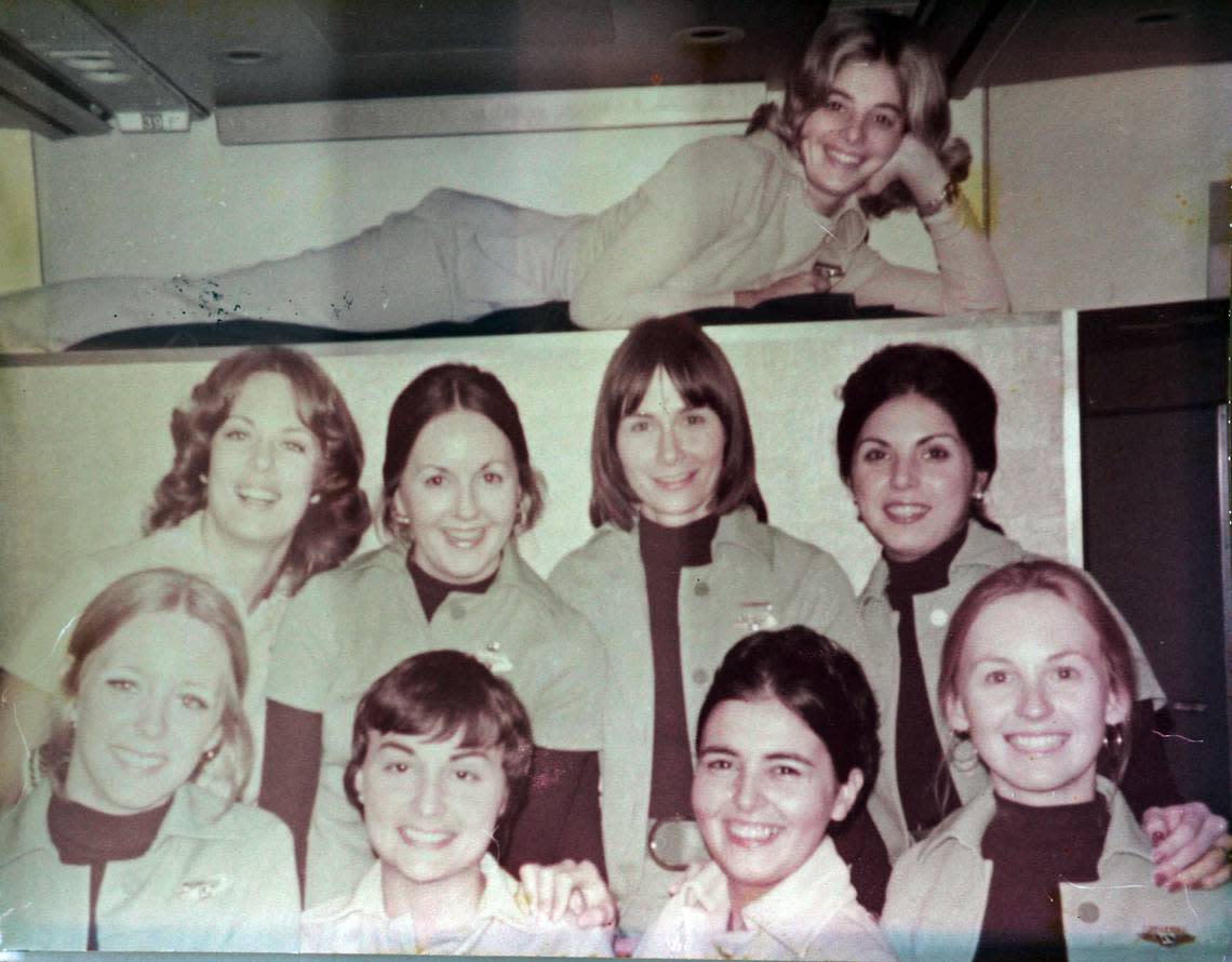 A photo of flight attendants taken the morning before Eastern Airlines Flight 401. Top: Patty George. Middle row, from left: Patricia Ghysells (died), Trudy Smith, Adrianne Hamilton and Mercy Ruiz. Bottom row, from left: Sue Tebbs, Dottie Warnock, Beverly Raposa and Stephanie Stanich (died).