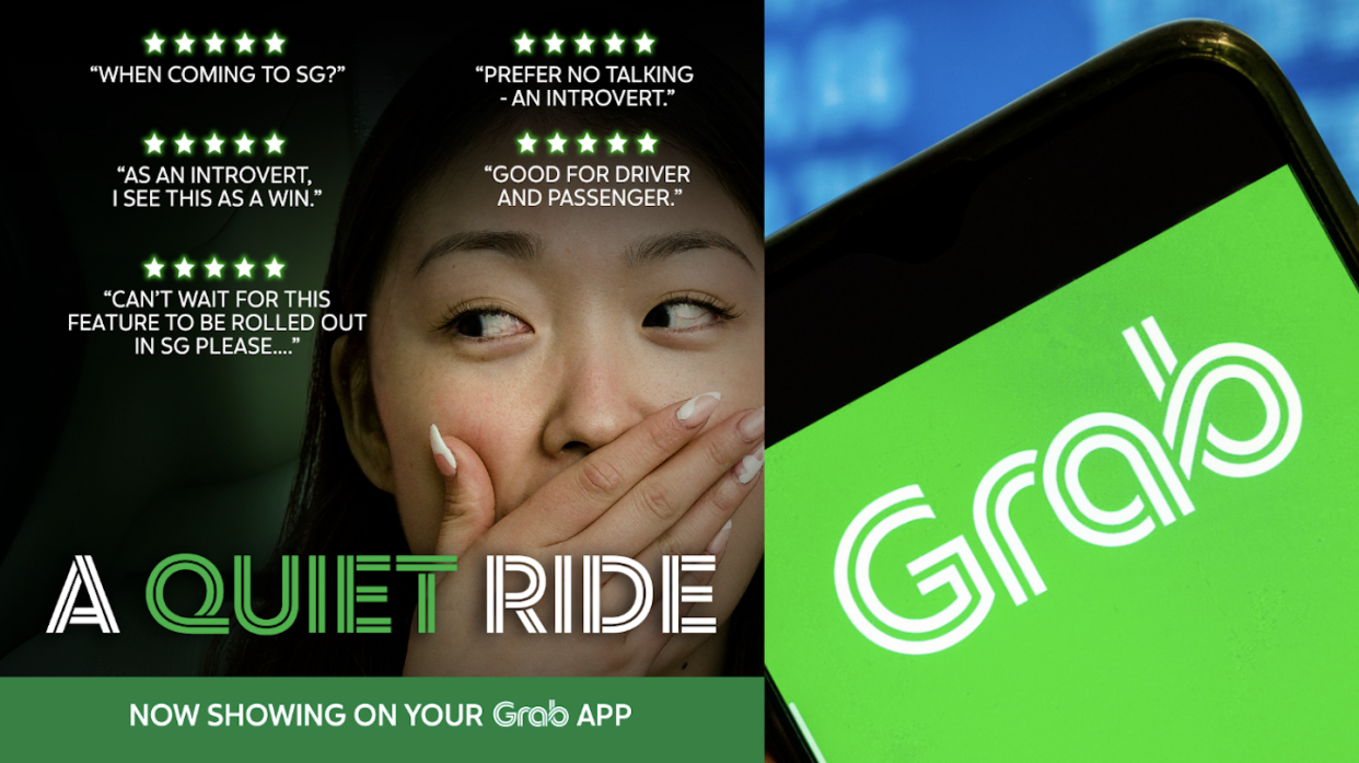 'Quiet Ride' Grab poster (left) and Grab logo on phone. (Photos: Grab/Facebook and Getty Images)