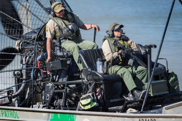 US Border Patrol agents patrol the Rio Grande river on the US/Mexico border in Eagle Pass, Texas