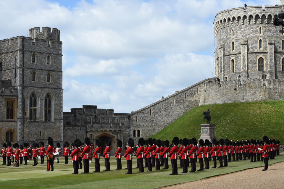 WINDSOR, ENGLAND - JUNE 12:  A general view as Queen Elizabeth II attends a military ceremony in the Quadrangle of Windsor Castle to mark her Official Birthday on June 12, 2020 at Windsor Castle on June 12, 2021 in Windsor, England. (Photo by Eddie Mulholland - WPA Pool/Getty Images)