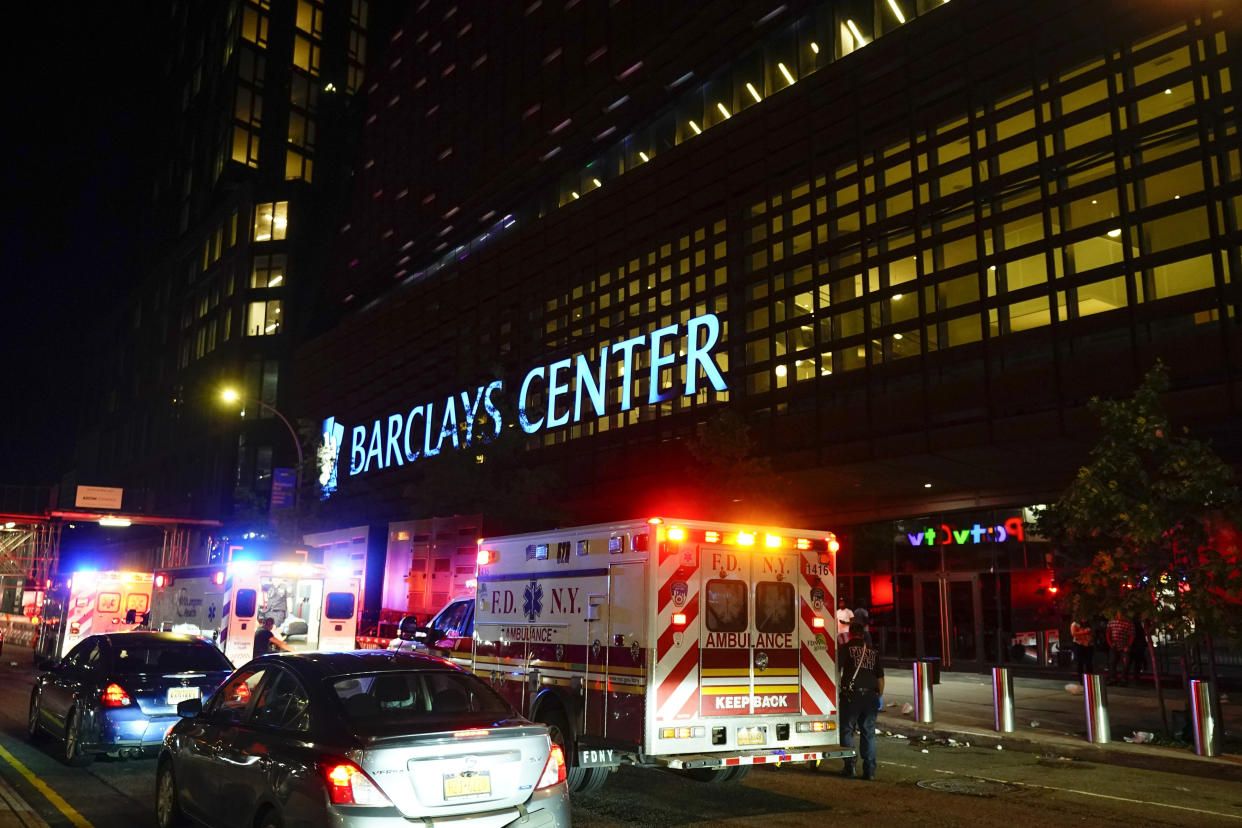 Ambulances gather outside of Barclays Center