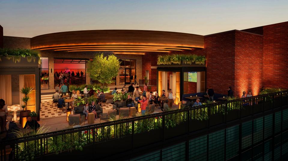 Early rendering of a rooftop bar planned for a Luke Combs-themed honky-tonk and music venue in downtown Nashville, Tennessee.