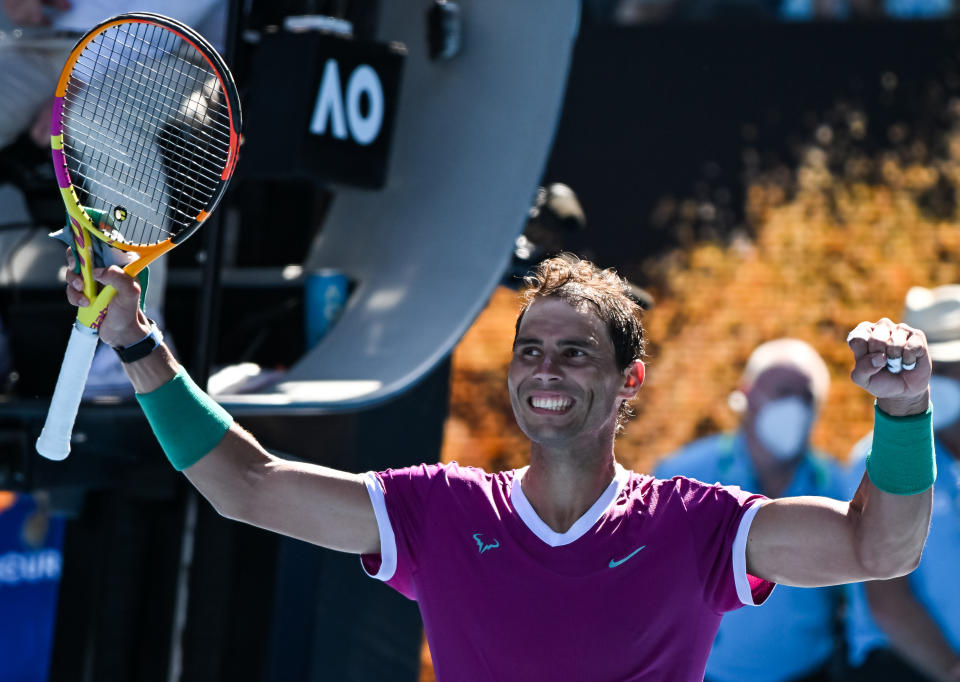 Rafael Nadal (pictured) celebrates to the crowd after his Round 1 win at the Australian Open.