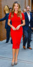 <p>The actress arrived in Soho wearing a curve-hugging red dress (shop a similar look <a rel="nofollow noopener" href="https://www.shopbop.com/high-zip-slit-mini-dress/vp/v=1/1566641530.htm" target="_blank" data-ylk="slk:here;elm:context_link;itc:0;sec:content-canvas" class="link ">here</a>) and peep-toe Charlotte Oympia pumps (shop them in red <a rel="nofollow noopener" href="https://www.shopbop.com/daphne-pump-charlotte-olympia/vp/v=1/1547122738.htm" target="_blank" data-ylk="slk:here;elm:context_link;itc:0;sec:content-canvas" class="link ">here</a>). </p>