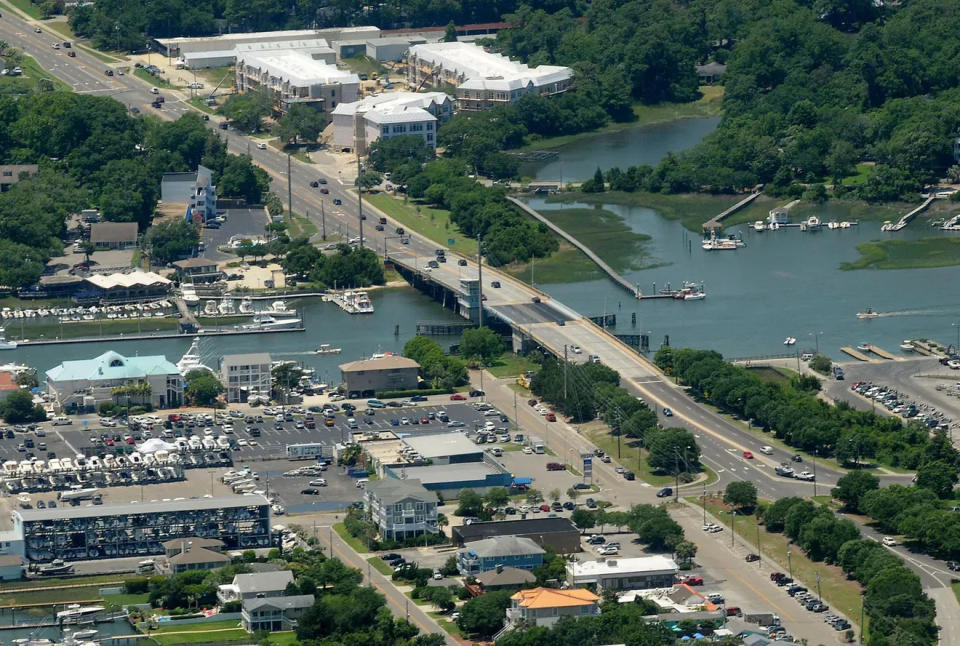 Aerial photo the C. Heide Trask Memorial Bridge, which connects Wilmington to Wrightsville Beach.