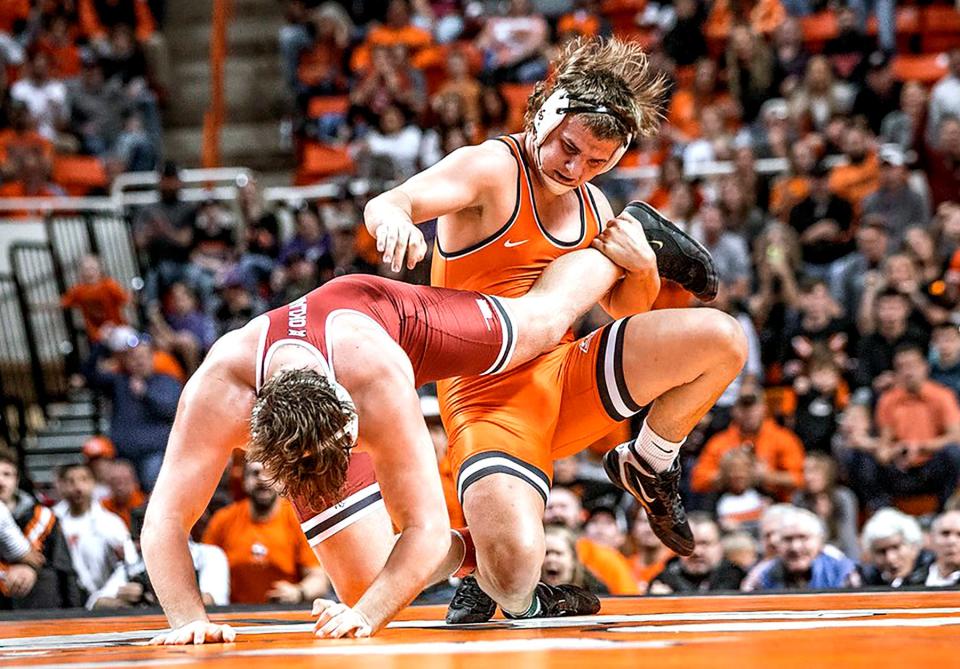Oklahoma State wrestler Luke Surber is ranked 19th nationally with a 13-5 record at 197 pounds this season.