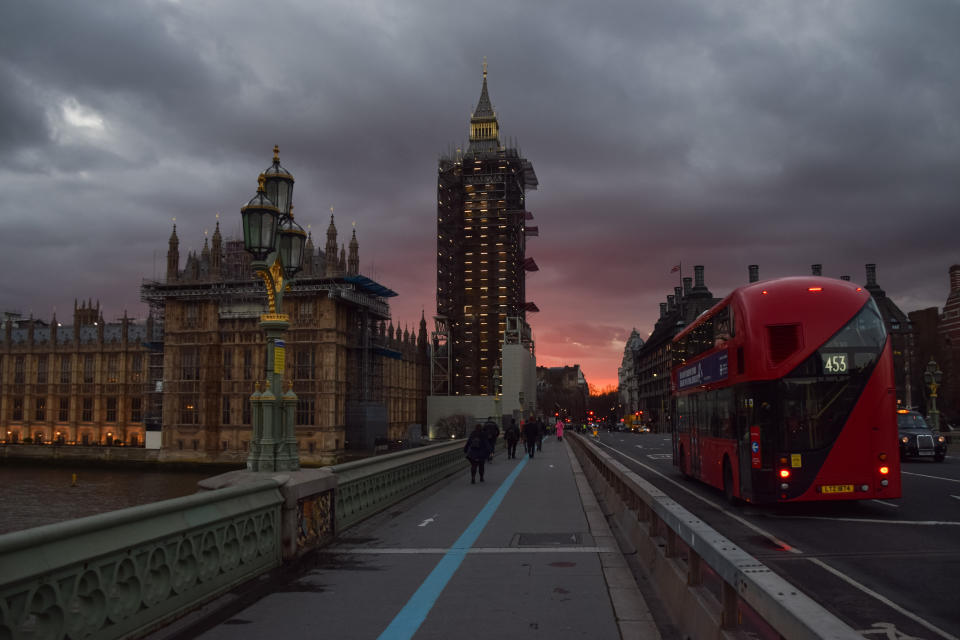 <p>A dramatic sunset over the Houses of Parliament in London. (Photo by Vuk Valcic / SOPA Images/Sipa USA)</p>
