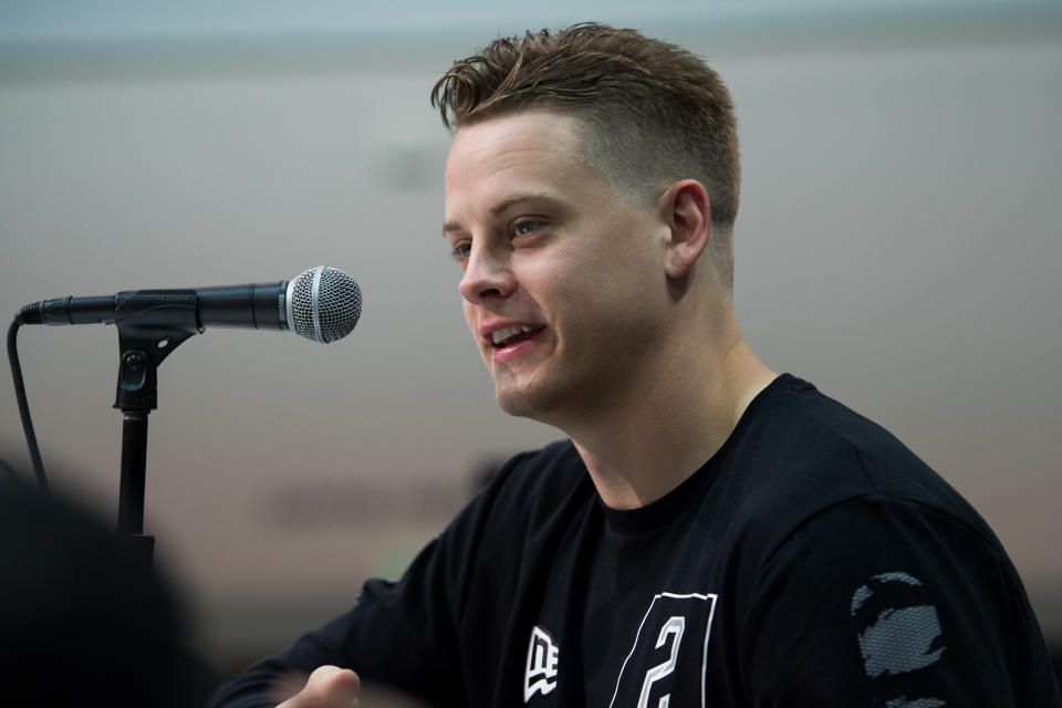 Louisiana State quarterback Joe Burrow answers questions from the media during the NFL Scouting Combine on February 25, 2020 at the Indiana Convention Center in Indianapolis, IN. (Photo by Zach Bolinger/Icon Sportswire via Getty Images)