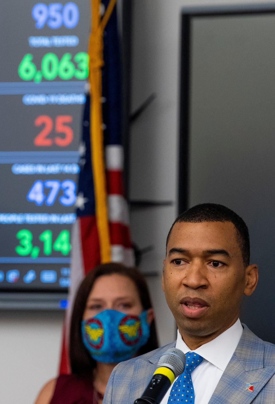 Montgomery Mayor Steven Reed and Montgomery EMA Director Christina Thornton speaks at a coronavirus update briefing at the Emergency Operations Center in Montgomery, Ala., on Wednesday May 20, 2020.