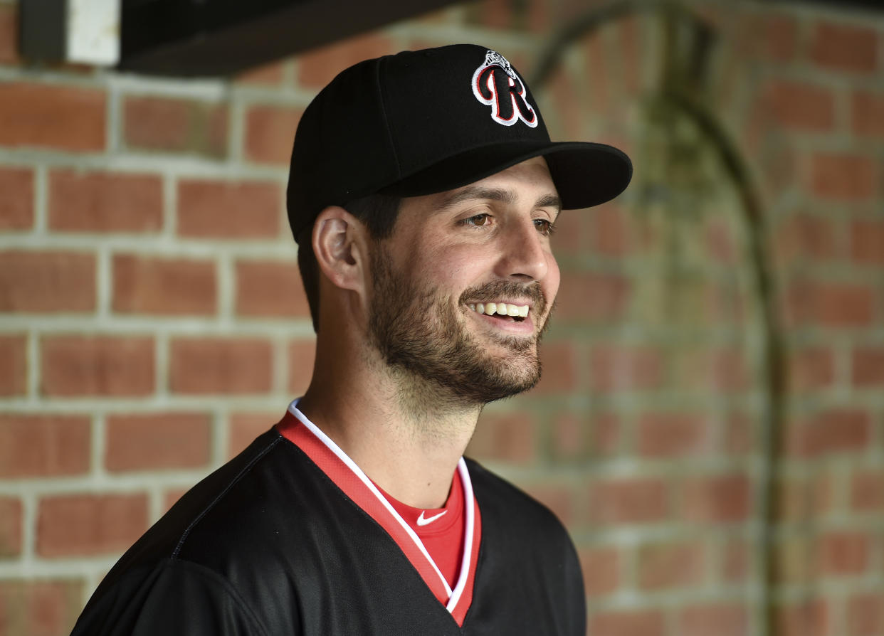 Reading, PA - May 3: Fightin's pitcher Mark Appel (25) answers questions during media day. During 2021 Media Day for the Reading Fightin Phils baseball team at FirstEnergy Stadium in Reading, PA Monday May 3, 2021. The Fightins are a Double-A affiliate of the National League Philadelphia Phillies. (Photo by Ben Hasty/MediaNews Group/Reading Eagle via Getty Images)