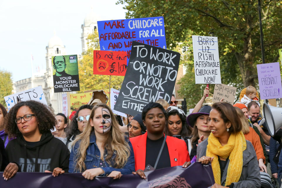 LONDON, UNITED KINGDOM - OCTOBER 29: Hundreds of women, parents and young children, many dressed in Halloween attire take part in a âMarch of the Mummiesâ protest in Whitehall, London, Britain, on October 29, 2022, demanding rights for working mothers, reforms on childcare, parental leave and flexible working. The March for Mummies demonstration is taking place in 11 locations across the country, including the capital, organised by Pregnant Then Screwed, a charity that tackles discrimination against pregnant women in employment. (Photo by Dinendra Haria/Anadolu Agency via Getty Images)