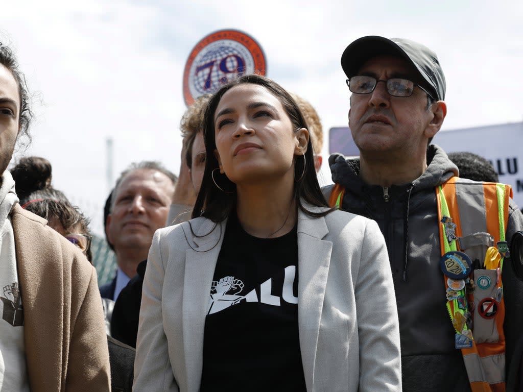  Ocasio-Cortez spoke at a Amazon Workers Union rally in April (EPA)