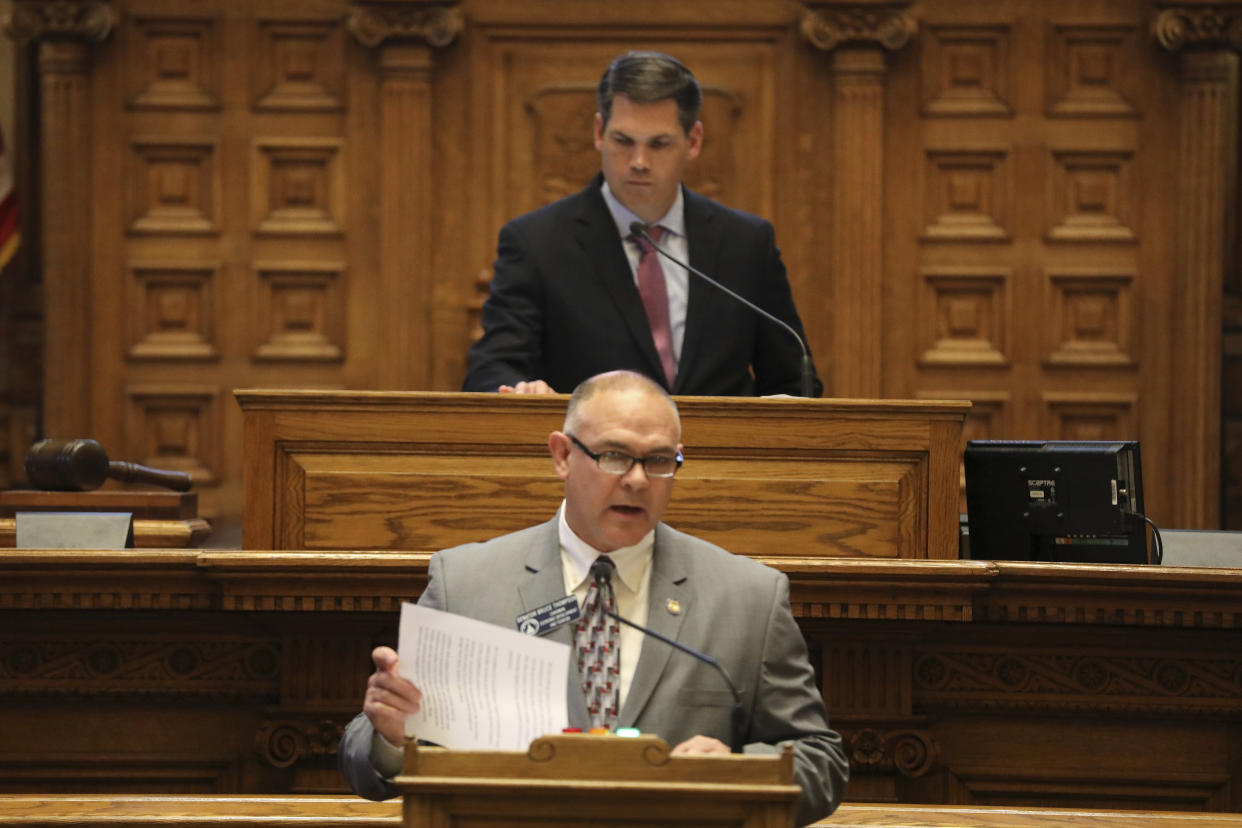 State Sen. Bruce Thompson, the sponsor of Senate Bill 456 which would prevent the woman in Georgia from receiving the abortion pill mifepristone through the mail, speaks during a hearing on Tuesday, March 1, 2022 in Atlanta. The bill would require pregnant women to see a doctor in person before being able to obtain mifepristone, the abortion pill. A doctor would also have to perform an ultrasound.(Miguel Martinez/Atlanta Journal-Constitution via AP)