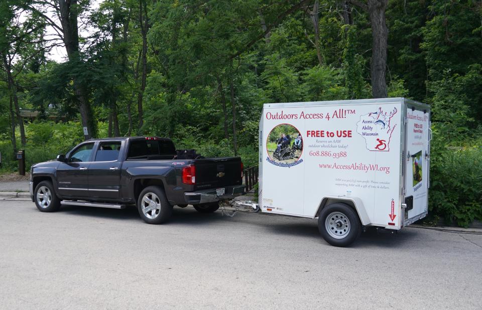 An outdoor wheelchair and trailer were recently placed for public use at Wehr Nature Center in Franklin.